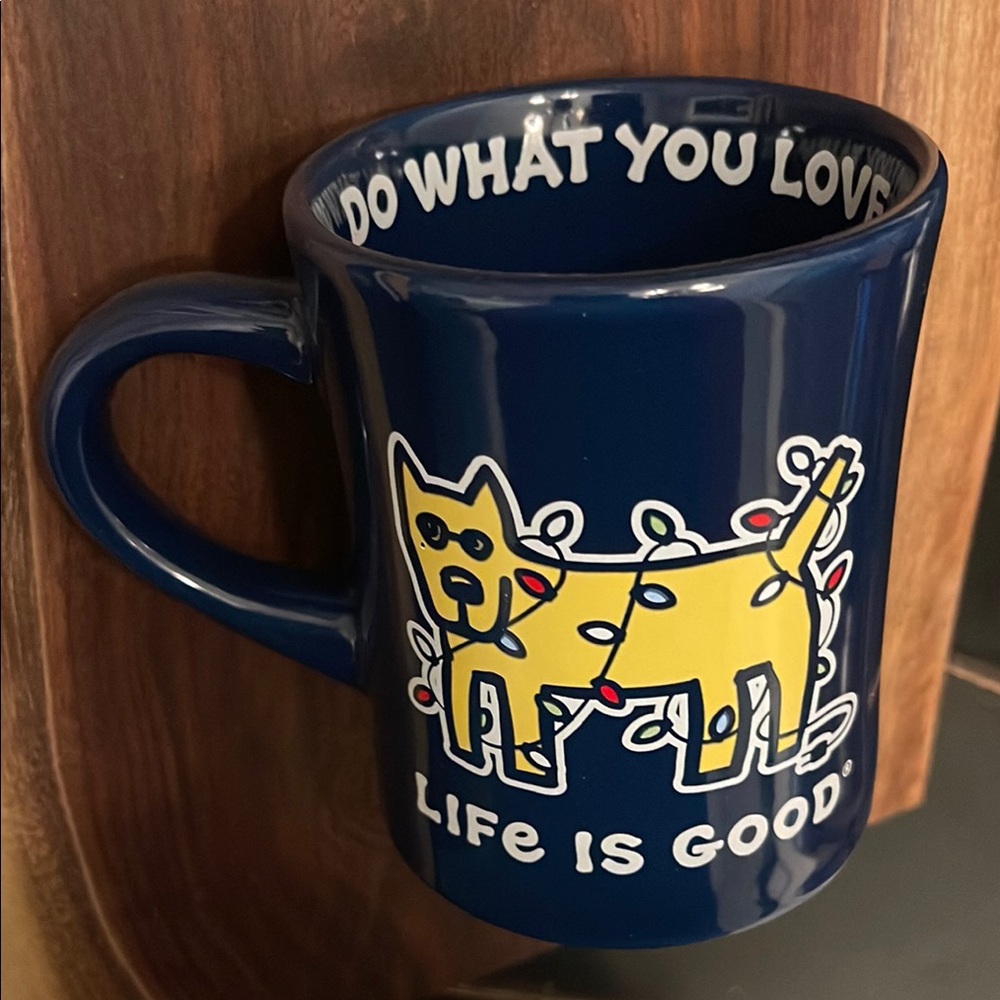 Life Is Good Blue Mug with Yellow Dog Design